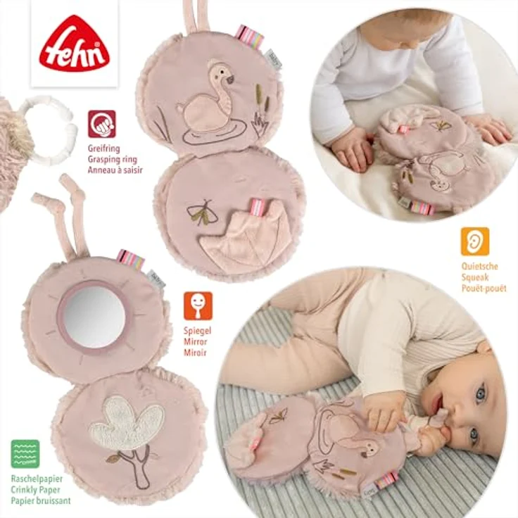Fehn Greifspielzeug Flamingo, weiches Stoffbuch mit Quietsche, Raschelpapier und Befestigungsring, pink – Bild 4