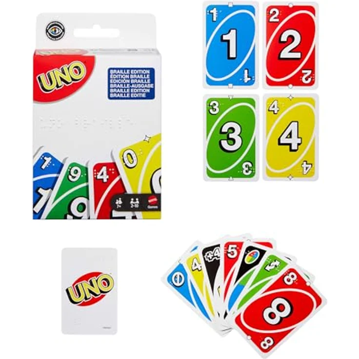Mattel Games UNO Braille Kartenspiel, inkl. 112 Karten mit Brailleschrift für blinde Spieler, für 2-10 Spieler ab 7 Jahren – Bild 2