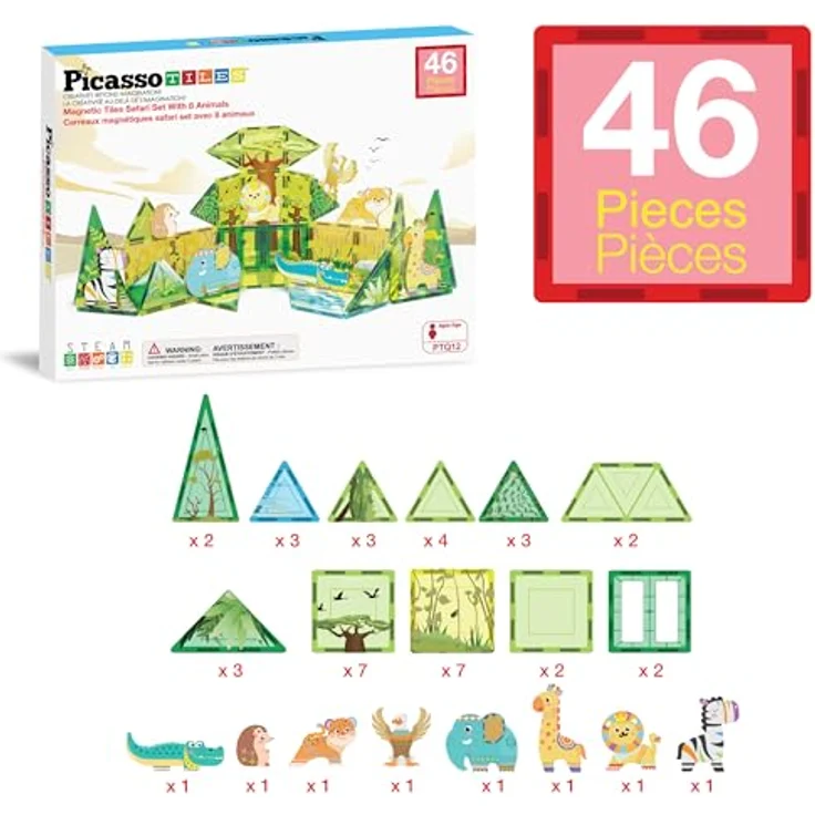 PicassoTiles PTQ12, Magnet Tile Building Block Safari Set mit 8 Tierfiguren, kreative Konstruktionsspielwaren für Kinder ab 3 Jahren – Bild 3