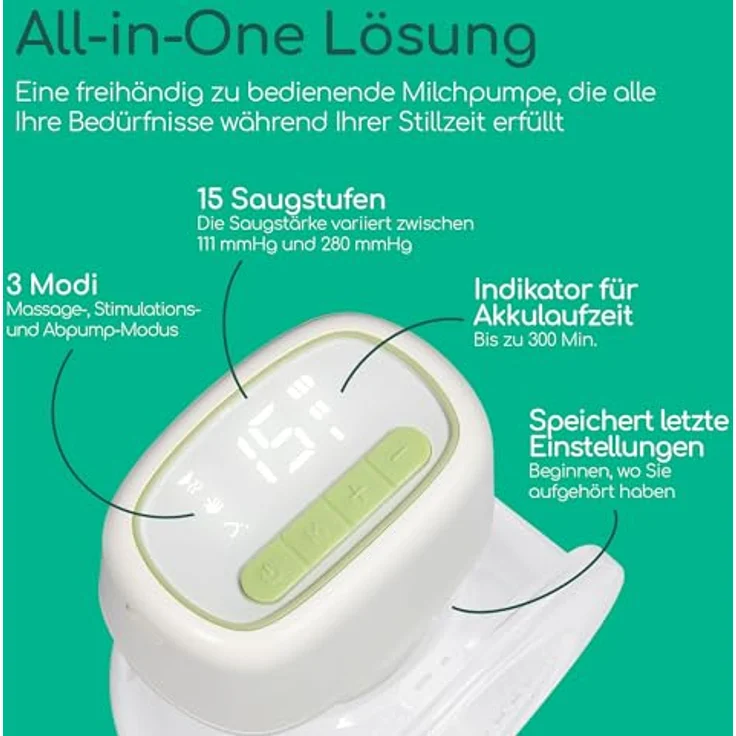 Bebeconfort Diskrete Milchpumpe Handsfree, elektrische, leise Milchpumpe mit 3 Pumpmodi, 15 Saugstufen, langlebigem Akku und 210 ml Behälter – Bild 4