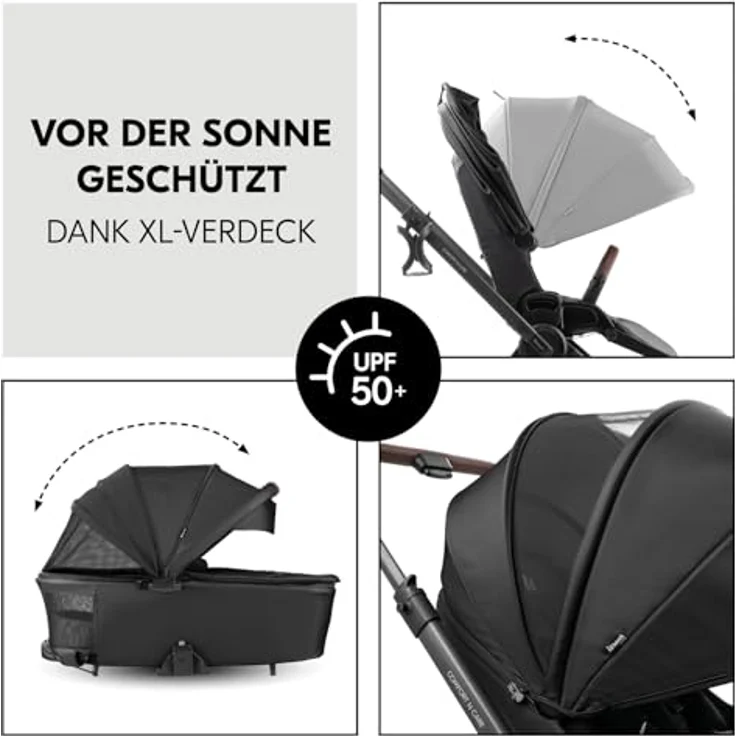 Hauck Kombikinderwagen Comfort N Care Set, Schwarz, mit 5-Punkte-Gurt, abklappbarer Fußstütze, Federung und abnehmbarer Verdeckung – Bild 7