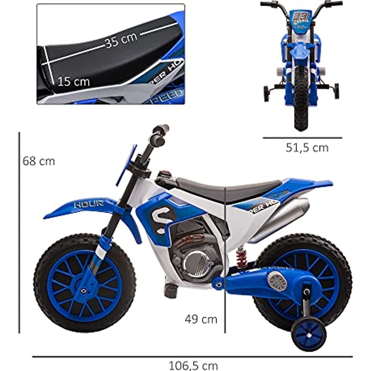 HOMCOM Elektro-Kindermotorrad Elektrofahrzeug Blau+Weiß, mit 2 abnehmbaren Stützrädern, Belastbarkeit 30 kg, 106.5L x 51.5B x 68H cm – Bild 5