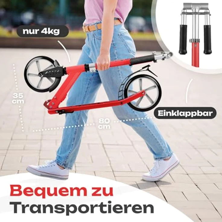 Rollkönig ® Faltbarer City-Scooter für Kinder ab 5 Jahren, großer Tret-Roller mit 100kg Tragkraft, verstellbare Lenkerhöhe, rot – Bild 4