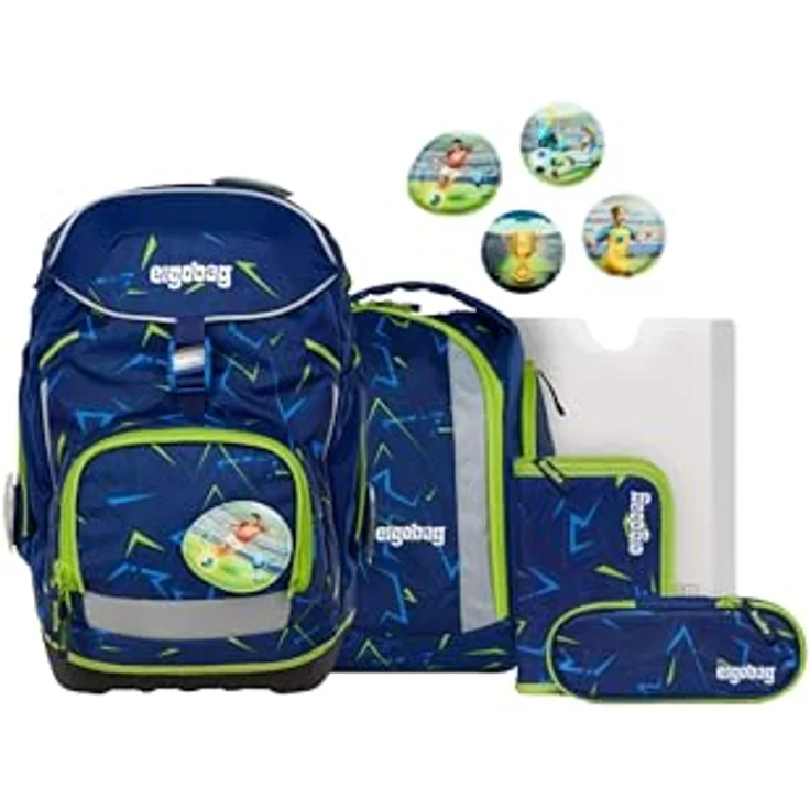 ergobag pack Set, ergonomischer Schulrucksack für 1. Klasse, 6-teiliges Set inkl. Sportrucksack und gefülltem Federmäppchen, höhenverstellbar, standfest und reflektierend – Bild 1