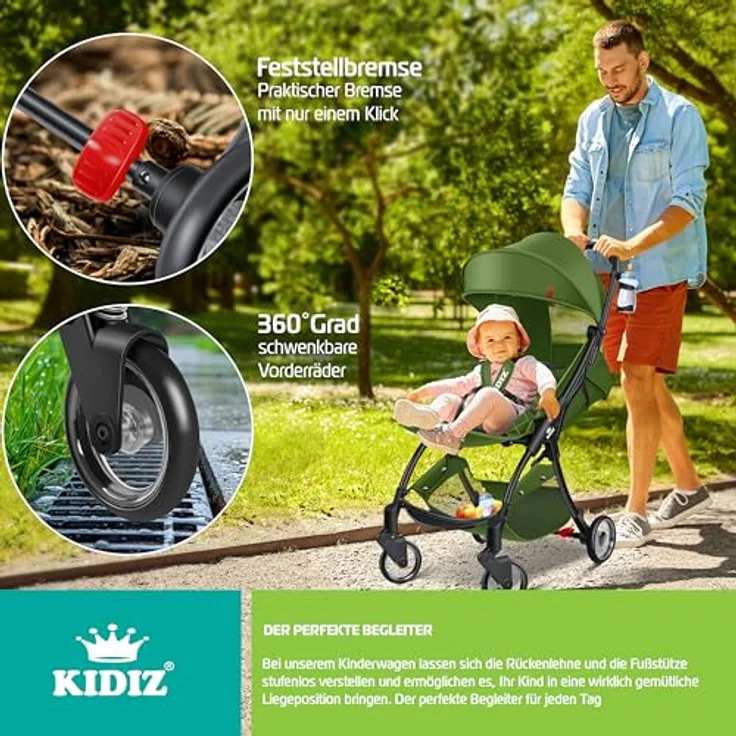 KIDIZ® Kinderwagen Premium Kinderbuggy klappbar, Liegebuggy mit 360° Rädern, 5-Punkt Gurt, Getränkehalter & Regenabdeckung, verstellbare Rückenlehne & Sonnenverdeck, Khaki – Bild 3