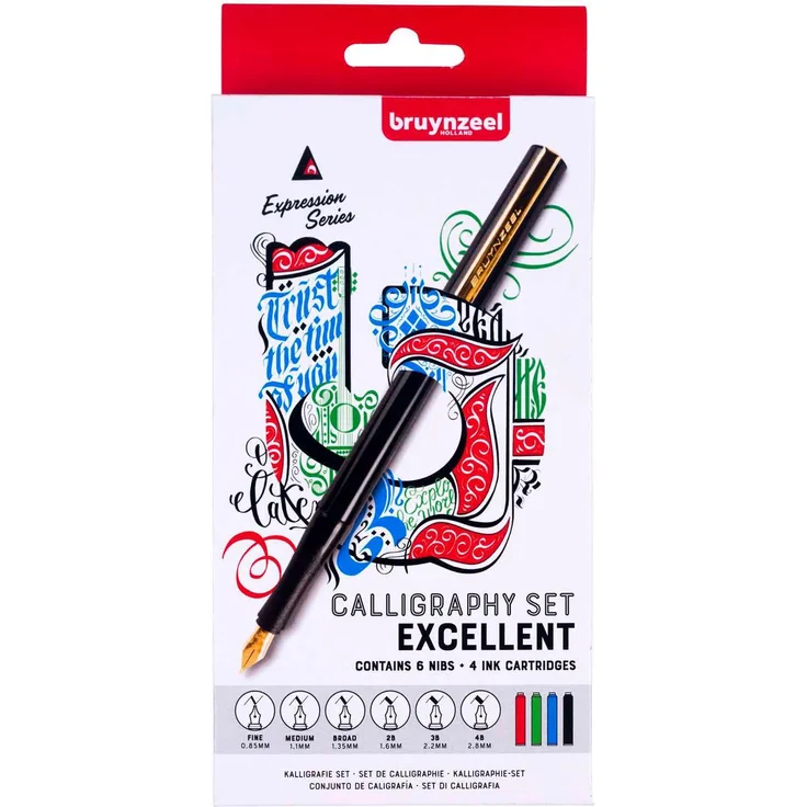 Bruynzeel Calligraphy Set, 14 Teile mit 6 Messingspitzen und Tintenpatronen für Anfänger und Fortgeschrittene