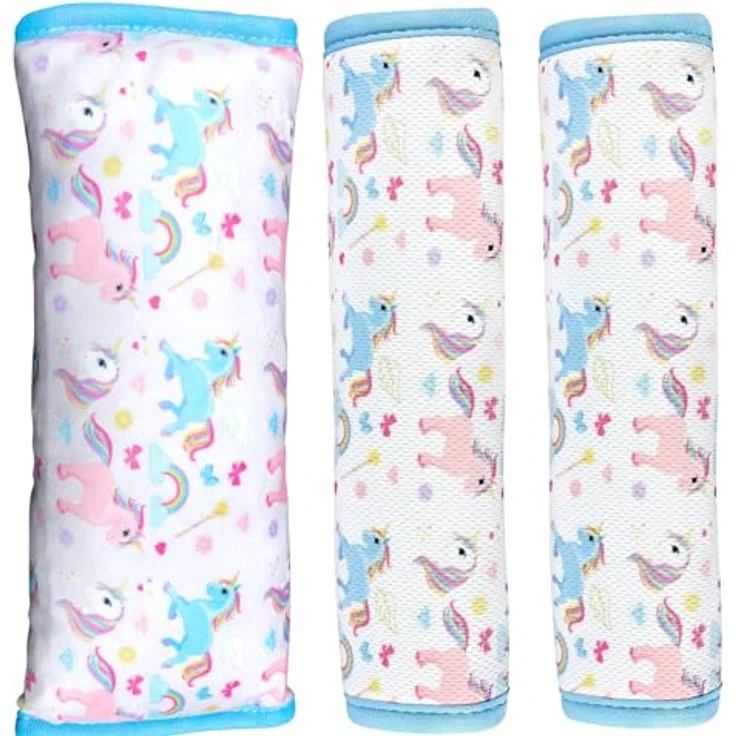 HECKBO Einhorn Gurtschoner Set, 2x Gurtschoner + 1x Gurtkissen für Autokindersitze, farbenfrohes Design, maschinenwaschbar – Bild 1