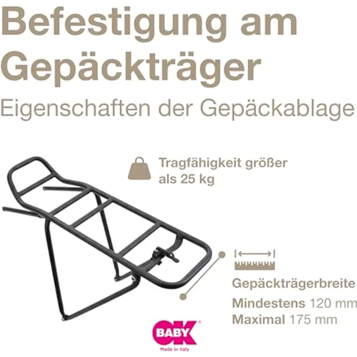 OKBABY Zusätzliche Gepäckträger-Befestigungshalterung für Kinderfahrradsitz Baby Shield, für Gepäckträgerbreiten 120-175 mm, Tragfähigkeit 25 kg, EN 14344 konform – Bild 2
