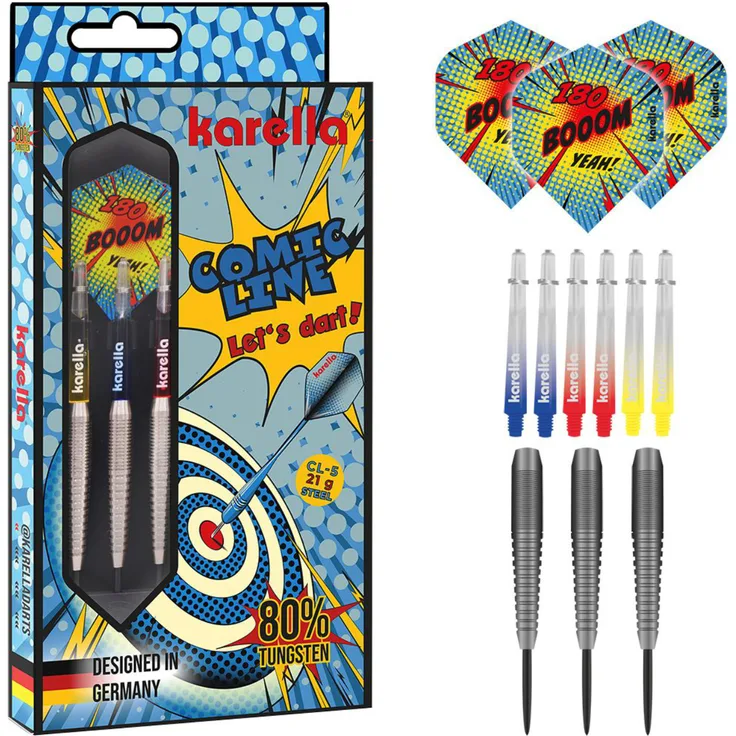 Karella Steeldart "Comic Line", 80% Tungsten, CL-5, 21 g, farbenfrohes Design mit robusten Materialien und optimaler Gripzone