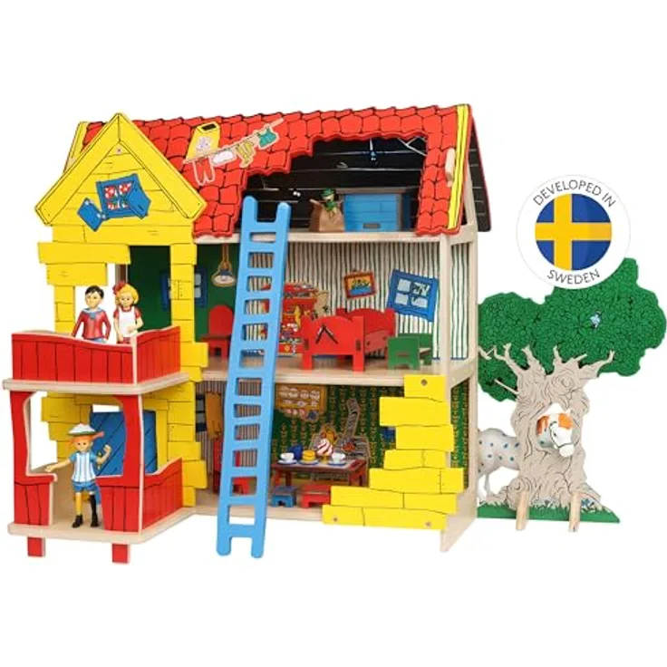 Pippi Langstrumpf Villa Kunterbunt Puppenhaus Bausatz aus Holz – 2-stöckiges Miniatur Haus – Spielzeug ab 4 Jahre – inkl. Veranda, Türen, Holztreppe, Leiter und Spielmatte, umweltfreundlich (MDF-Holzwerkstoff, Pappkarton) - Schwedisches Design