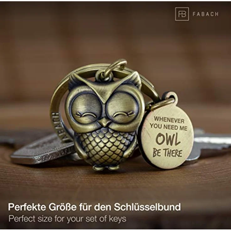 FABACH Eule Schlüsselanhänger Owly mit Gravur, Freundschafts- und Glücksbringer aus Bronze mit Lasergravur "Whenever you need me owl be there" – Bild 4