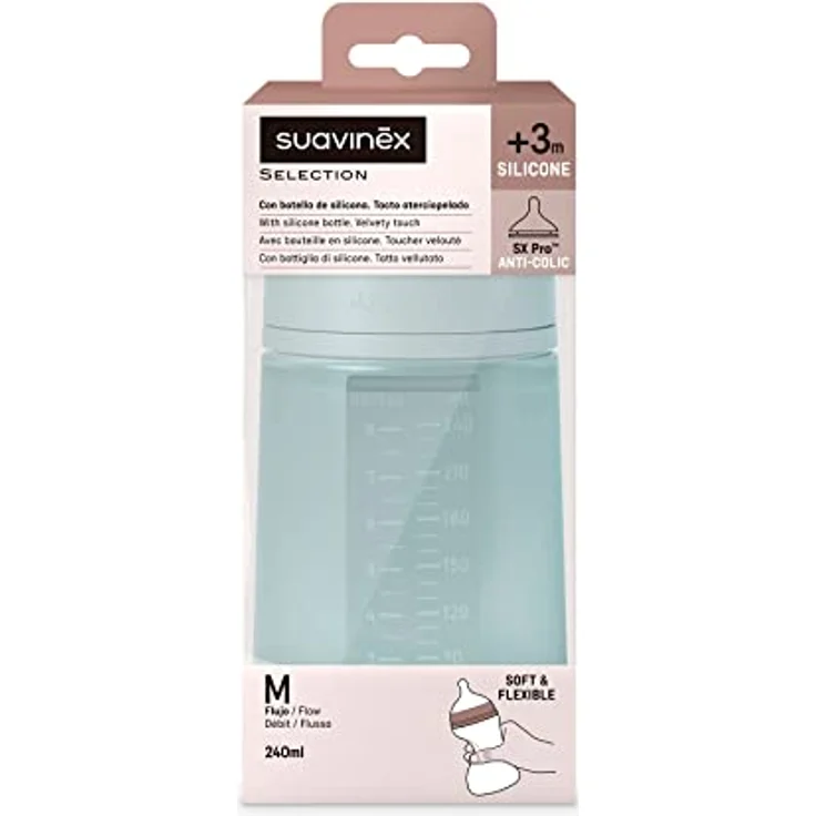 SUAVINEX Trinkflasche mit Silikonflasche, 240 ml, physiologischer Sauger SX Pro aus Silikon, anti-Kolik-Ventil, mittlere Durchflussflasche (M), für Babys ab 3 Monaten, Blau - Farbe Essence – Bild 3