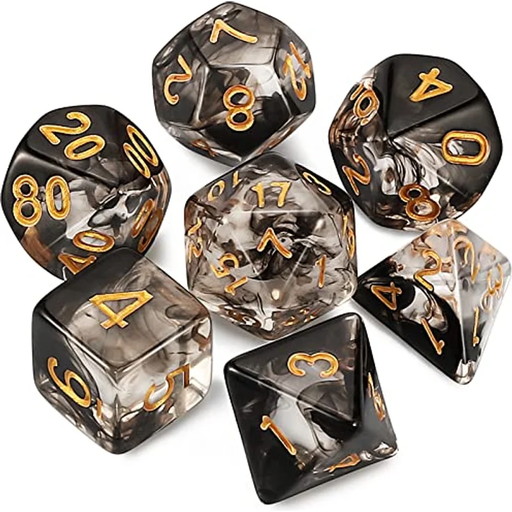 QMAY DND Würfel Set, 7 polyedrische Spielwürfel für Dungeons & Dragons, schwarz mit schwimmender Seide transparent, inkl. Samtbeutel – Bild 1
