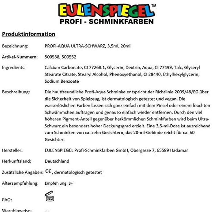 Eulenspiegel 500538 Profi-Aqua Schminke, Ultra Black, 20 ml - wasserlösliche Schminke, vegan, wischfest, Made in Germany – Bild 4