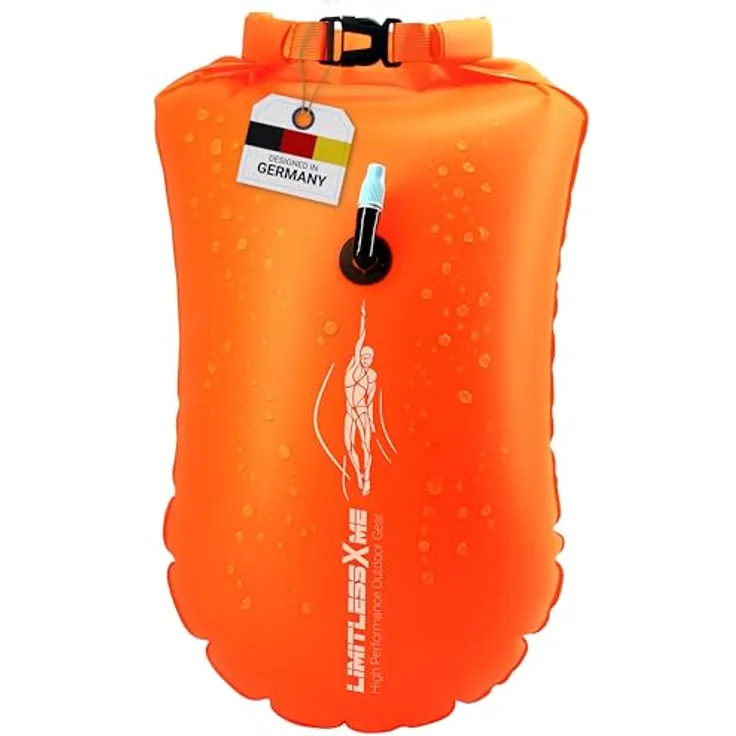 LimitlessXme Schwimmboje & Trockensack 28l Orange, aufblasbare Sicherheitsboje für Triathlon und Freiwasserschwimmen, 100% wasserdichte Aufbewahrung, ultraleicht und kompakt