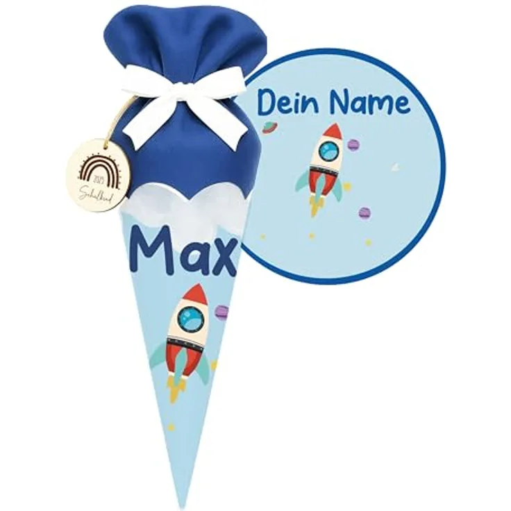 Kidsmood Raketen Schultüte, personalisierbares Bastelset mit Rohling, Stoff & Holzschild für Einschulung 2026, cooles Rakete Design