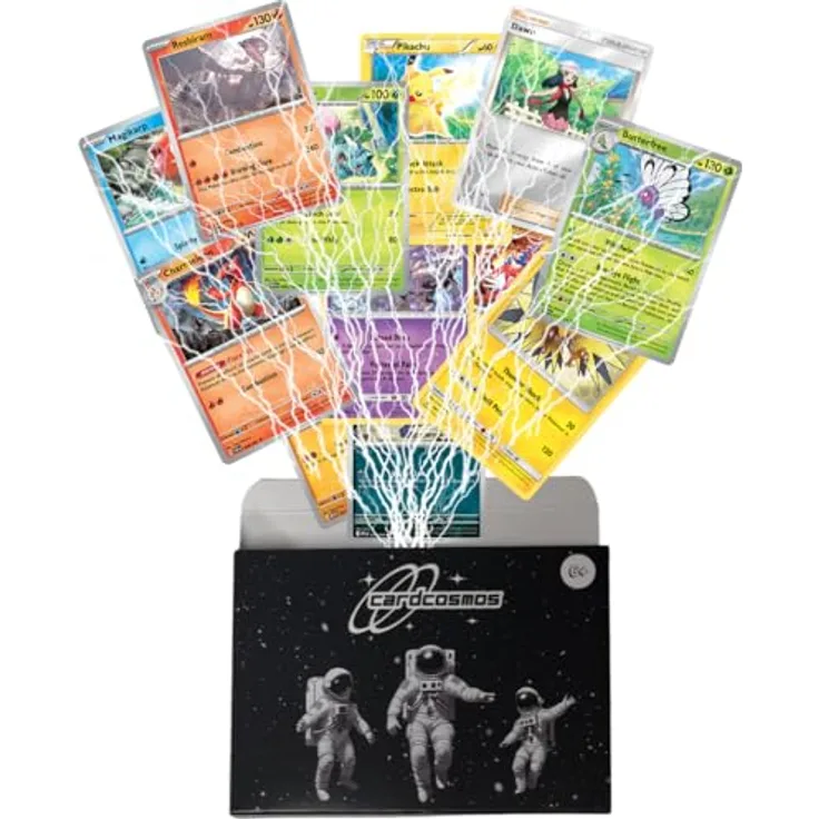 cardcosmos 100 Karten Set - Pokemon Karten Englisch, inkl. 12 Holo/Reverse Holo, 100 Kartenhüllen, keine Duplikate, ideale Geschenkbox für Kinder & Sammler