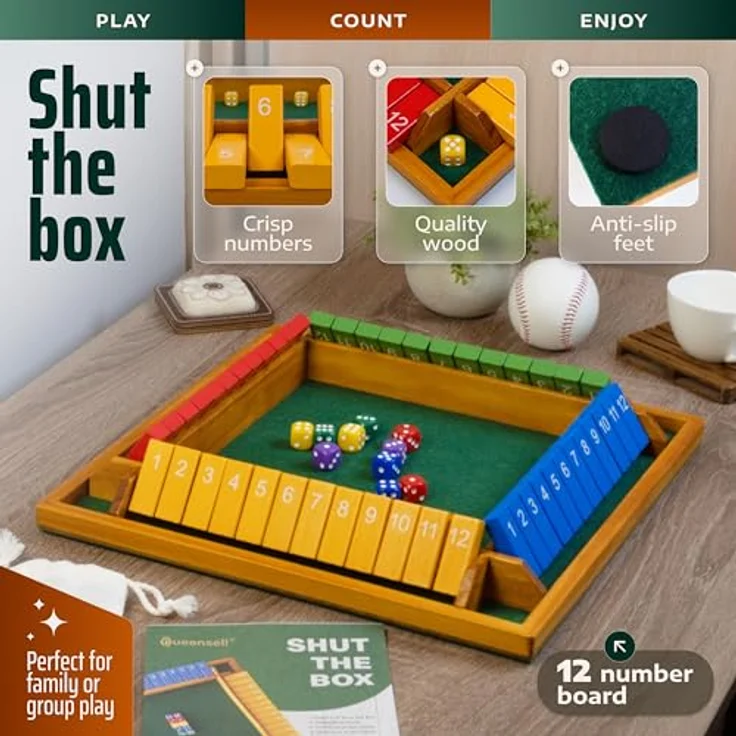 Queensell Shut The Box 4 Spieler Groß, Holzspiel 35,5 cm mit 12 Zahlen, inklusive 10 Würfeln und Aufbewahrungsbeutel, Gesellschaftsspiel für Erwachsene und Familien – Bild 4
