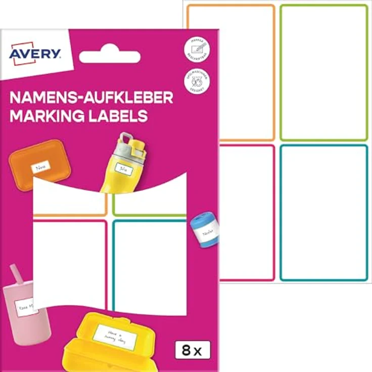 AVERY Zweckform NAME8C Namensaufkleber, wasserfest und spülmaschinengeeignet, 8 Stück (46x72mm, selbstklebende bunte Etiketten für Schule und Kindergarten) – Bild 1