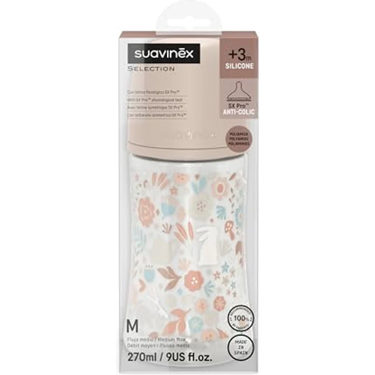 Suavinex 270 ml Babyflasche, SX Pro Silikon-Sauger mit Antikolik-Ventil, mittlerer Fluss-Sauger (M), Rosa Blumen Design, ab 0 Monate – Bild 2