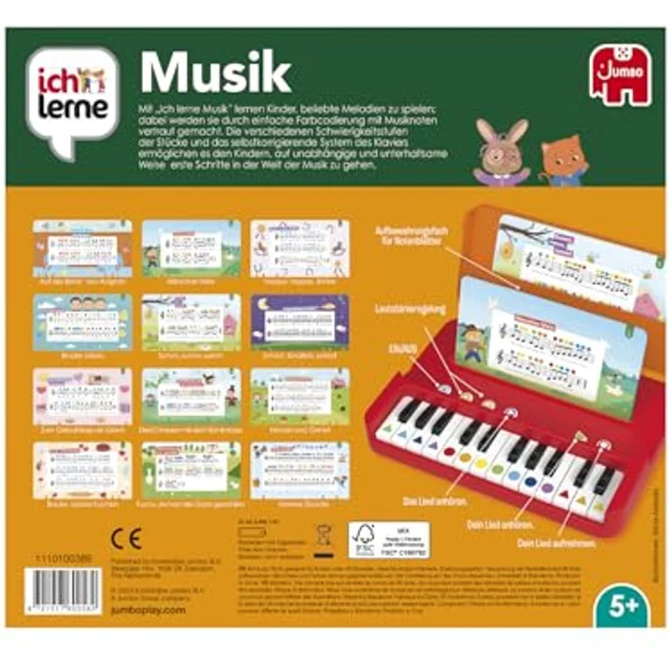 Jumbo 1110100389 Ich Lerne Musik Learning Toys, Mehrfarbig - Kinderklavier mit 12 erweiterbaren Partituren und selbstkorrigierendem System – Bild 4