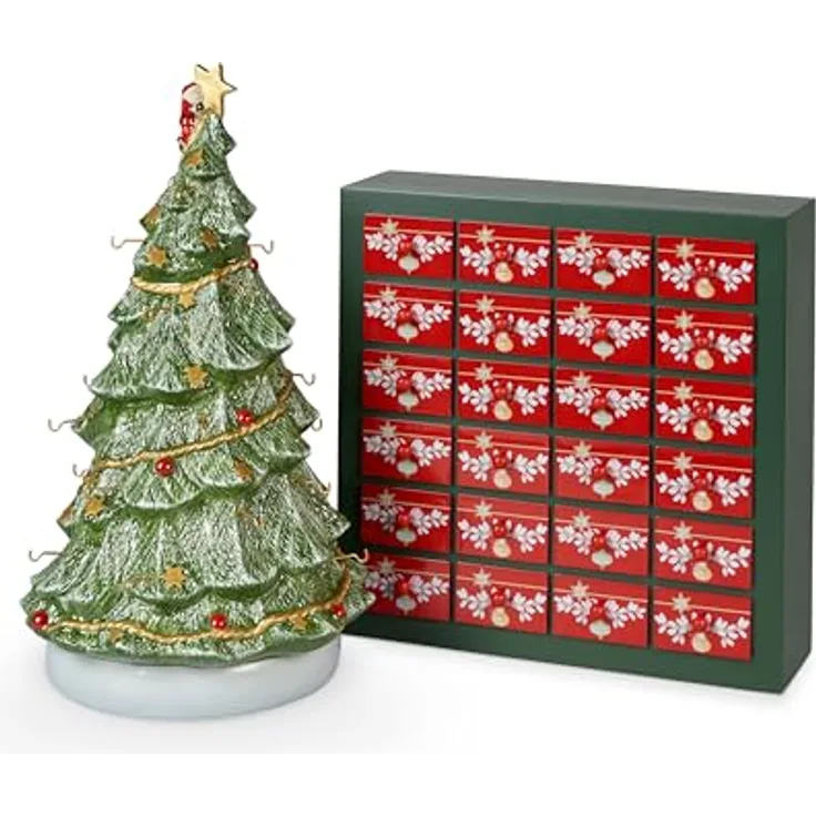 Villeroy & Boch - Christmas Toy'S Memory Adventskalender Set 26 Teilig Mit 24 Porzellanfiguren Inklusive Weihnachtsbaum Zum Aufhängen, 24 Türchen, Weihnachten, Weihnachtsdeko, Porzellan, Grün-Holzrahmen