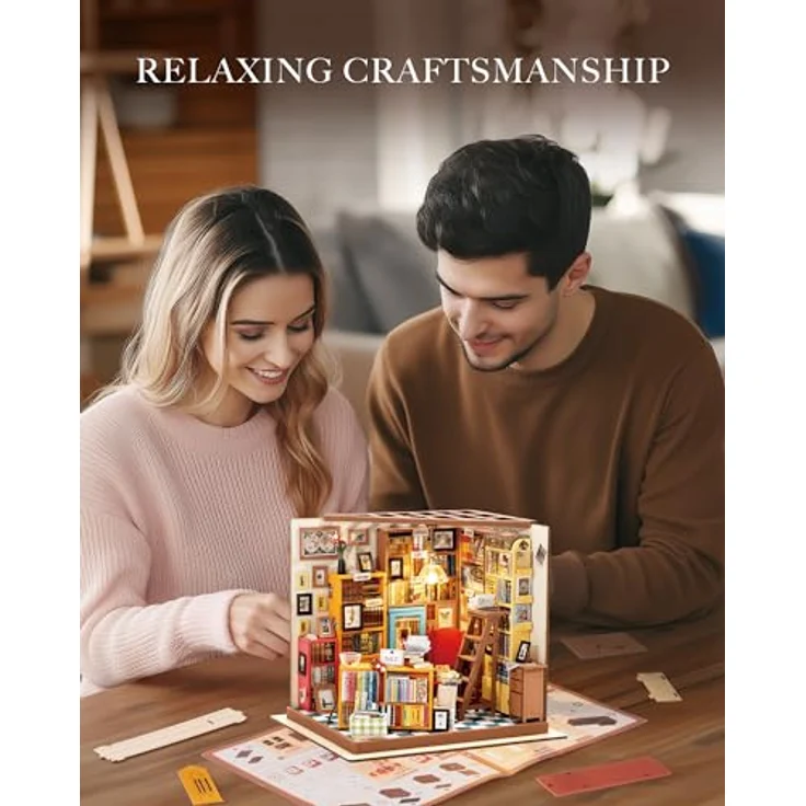 Rolife Sam's Study Miniatur Puppenhaus Kit, DIY Holz Bibliothek mit LED-Licht und Englischer Anleitung für Kinder und Jugendliche 14-17 Jahre – Bild 5