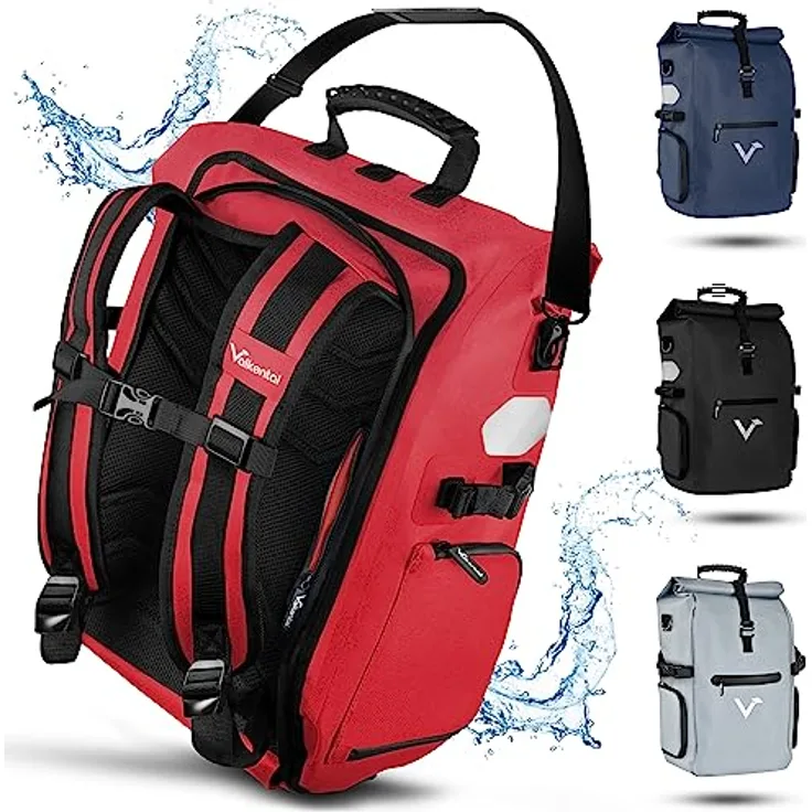 Valkental - ValkPro 3in1 Hochwertige Fahrradtasche aus klimafreundlichem TPU, 23L, 100% Wasserdicht, Reflektoren, Schwarz