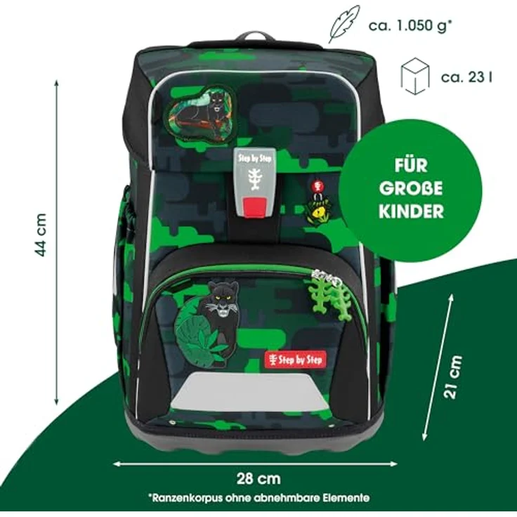 Step by Step Giant Schulranzen-Set „Black Cat Chiko“, ergonomischer Tornister, 5-teilig, grau-grün, 23 Liter, höhenverstellbar mit Hüft- und Brustgurt, inklusive reflektierenden Elementen und MAGIC MAGS – Bild 2