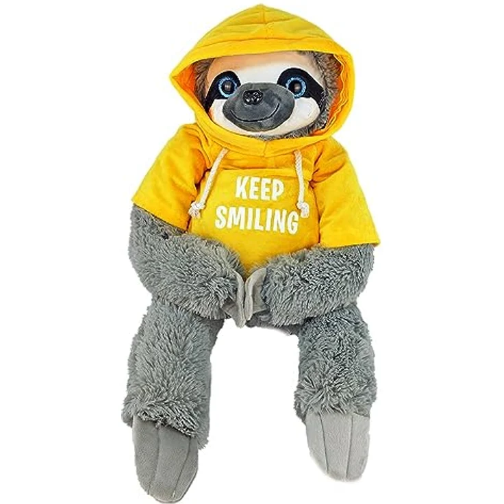 BEMIRO Faultier Kuscheltier mit Kapuze - gelb Keep Smiling - ca. 70 cm, Faultier Kuscheltier mit Pulli, Kletthände zum anhängen, Plüschtier Faultier mit Hoodie – Bild 1