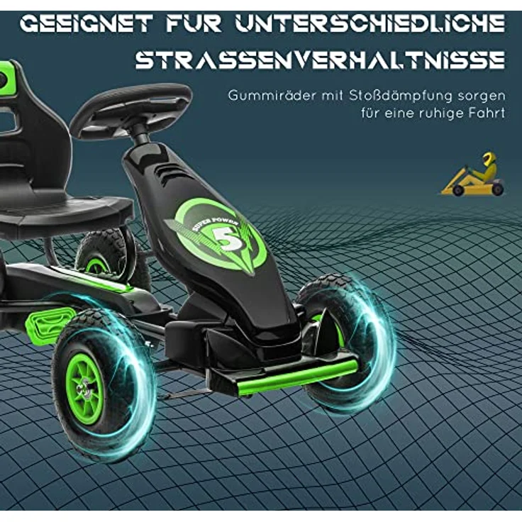 HOMCOM Gokart, Kinderfahrzeug mit verstellbarem Sitz, Tretauto mit Gummireifen, Pedal und Handbremse, Kettcar für Kinder ab 5 Jahren, Outdoor, Grün+Schwarz – Bild 6