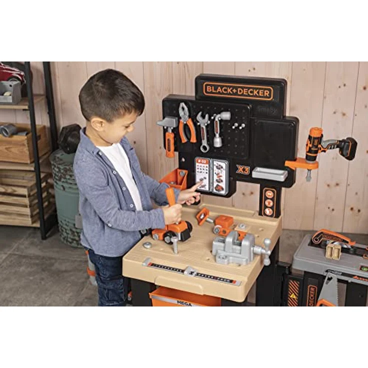 Smoby Toys - Black+Decker Mega Werkbank Center (100 Teile) - Spielzeug-Werkstatt für Kinder ab 3 Jahren mit Werkzeug, Nagelbrett, Autobausatz & mechanischem Akkuschrauber – Bild 11