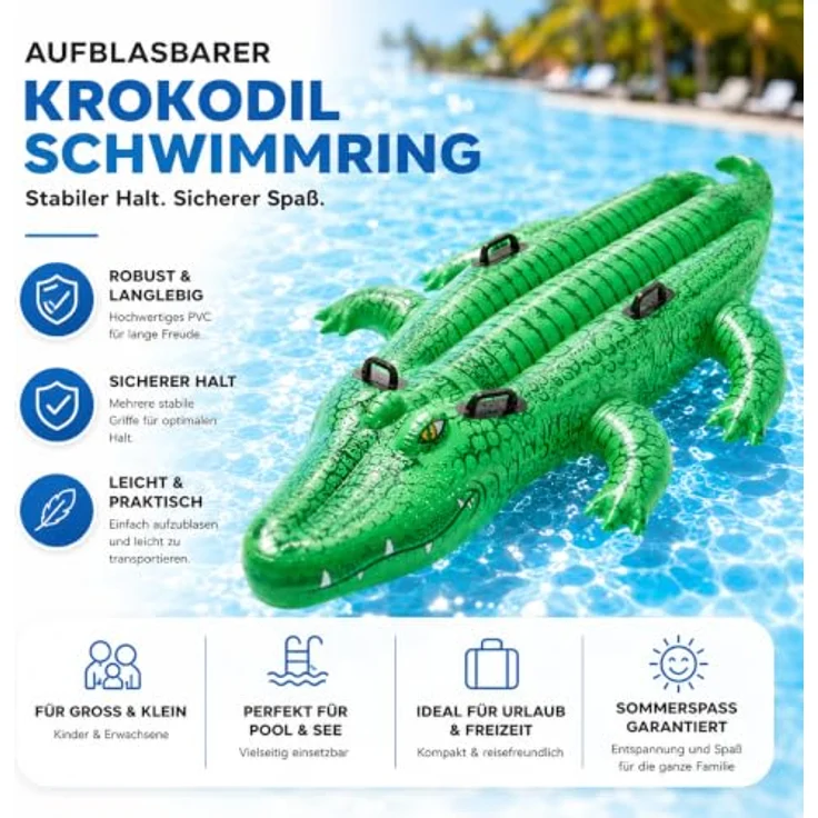 TK Gruppe Timo Klingler XXL Krokodil Aufblasbare Luftmatratze, 160 cm Schwimmring für Pool und Wasser, robustes PVC für Erwachsene und Kinder – Bild 3