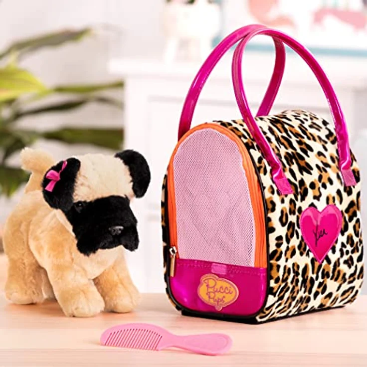 Pucci Pups Mops Kuscheltier Hund in Handtasche mit Zubehör – Plüschtier Welpe in Leopardenmuster Tasche – Spielzeug für Kinder ab 2 Jahre – Bild 4