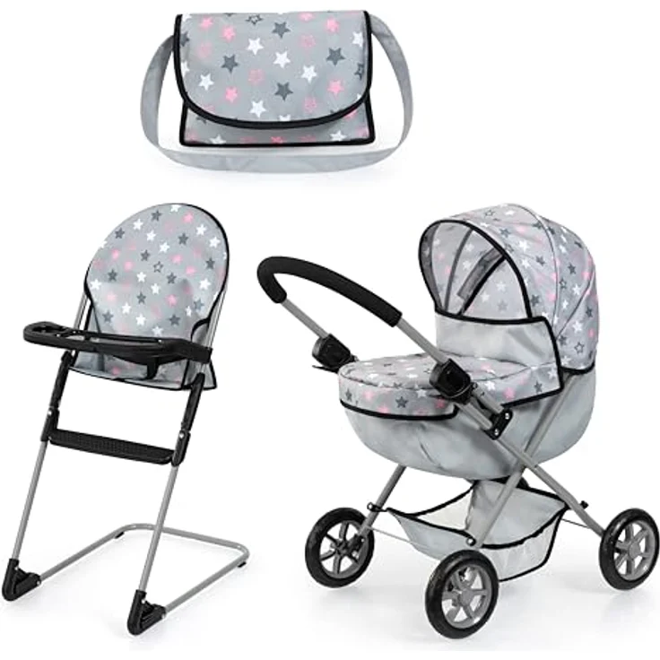 Bayer Design 13707AB Puppenwagen Set faltbar mit Hochstuhl und Tasche, softer Griff – Bild 1
