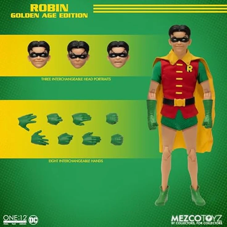 Mezco One:12 Collective Robin: Golden Age Edition, Actionfigur mit 32 Gelenkpunkten, 3 austauschbaren Köpfen, 9 Händen, ca. 16 cm hoch – Bild 2