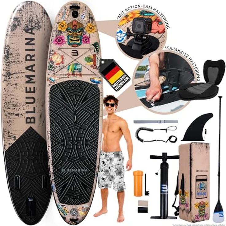 Bluemarina Stand Up Paddle Board aufblasbar | 𝟓 𝐉𝐀𝐇𝐑𝐄 𝐆𝐀𝐑𝐀𝐍𝐓𝐈𝐄 - 140 kg Tragkraft - 325x86x15 cm - Stand Up Paddling Set - Aufblasbares SUP Board - Surfbrett (Ariki Tiki 325x86x15cm) – Bild 1