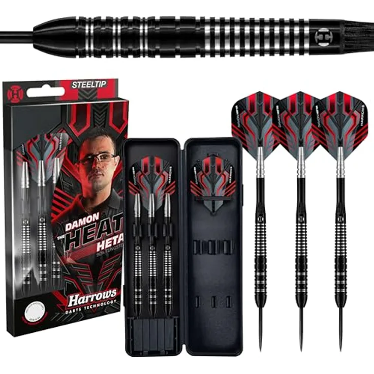 Harrows Damon Heta 90% Tungsten Steel Tip Darts Set, 21g, 23g & 25g mit schwarzem Alamo Schaft, Damons Signature Harrows Flights und Reiseetui (21g)