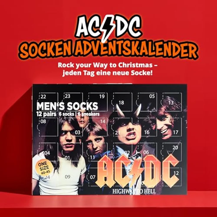 United Labels AC/DC Adventskalender mit 12 Paar Socken Größe 40-45 für Herren Rockband Weihnachtskalender mit Sneakers und langen Socken – Bild 2