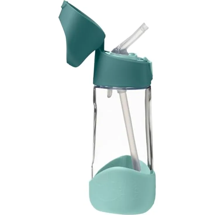 b.box TritanTM Trink- und Wasserflasche, auslaufsicherer Deckel, leicht fließender Silikon-Trinkhalm, 450 ml, Smaragdwald