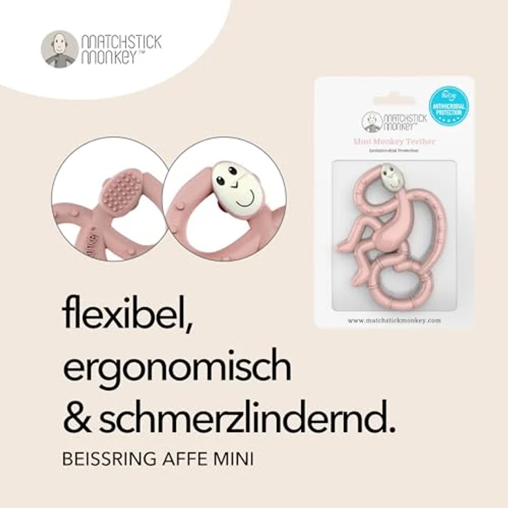Matchstick Monkey Silikon Mini-Beißring & Gel-Applikator, ergonomisch, BPA-frei, zahnfreundlich, altrosa, 10 cm – Bild 2