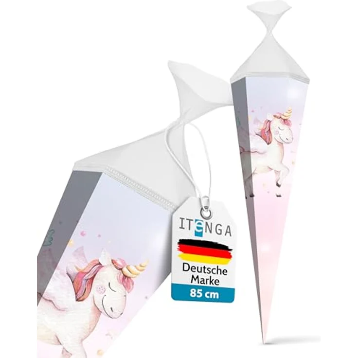 itenga Motiv Schultüte Mädchen 85cm, eckig mit Tüllverschluss, stabile Zuckertüte Einschulung mit Einhorn Wasserfarben Design – Bild 3