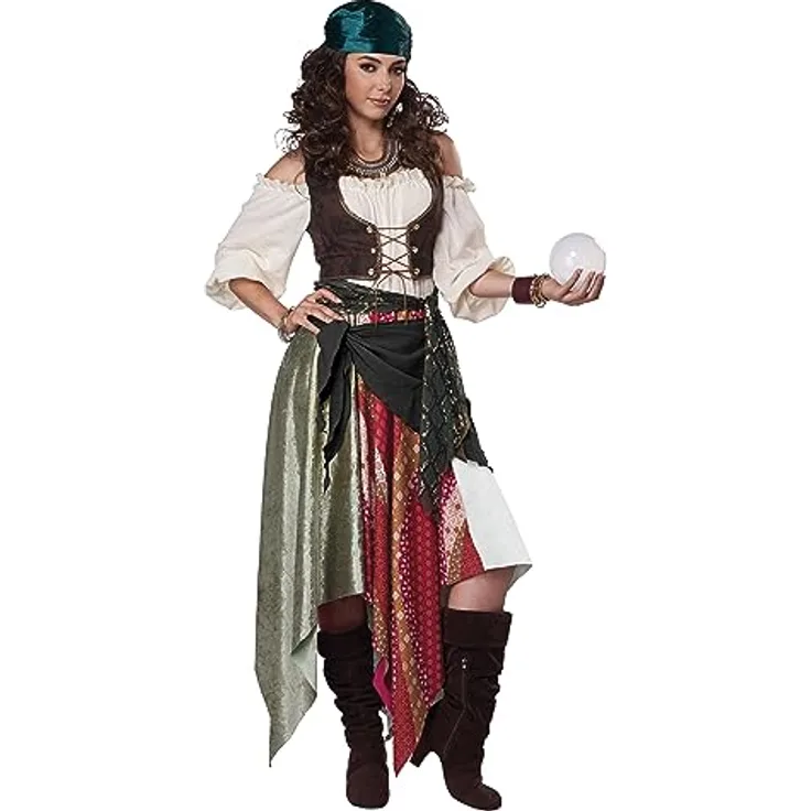 Metamorph Verwegene Wahrsagerin Kostüm, schulterfreies Kleid mit angenähter Weste und Kopftuch, Schwarz