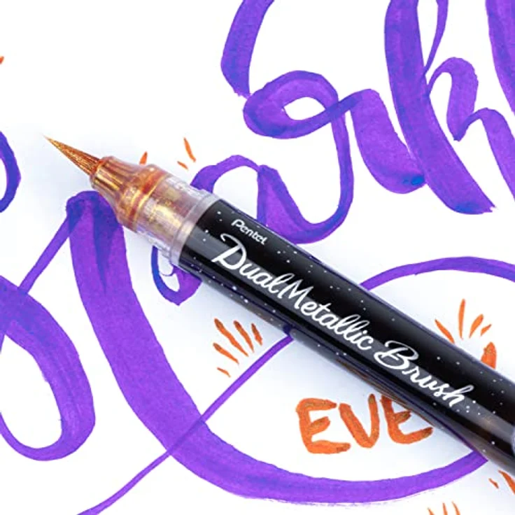 Pentel XGFH-DFX Dual Metallic Brush - Pinselstift gefüllt mit, je nach Papierfarbe, changierender Glitzertinte, Nylonfasern, feiner bis breiter Strich, orange/metallic-gelb, 1 Stück auf Blisterkarte – Bild 5