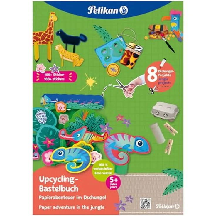 Pelikan 102063 Bastelbuch, Papier - Upcycling-Bastelbuch mit Stickern "Dschungel", für 5-7 Jährige Kinder