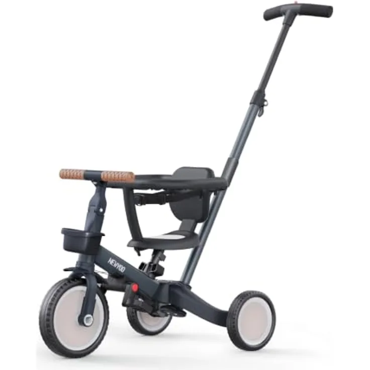 newyoo 5 in 1 Laufrad Dreirad, multifunktionales Kinderdreirad mit Schubstange, verstellbarem Lenker und Sitz, Sicherheitsbügel, für Kinder 1-3 Jahre, Dunkelgrau