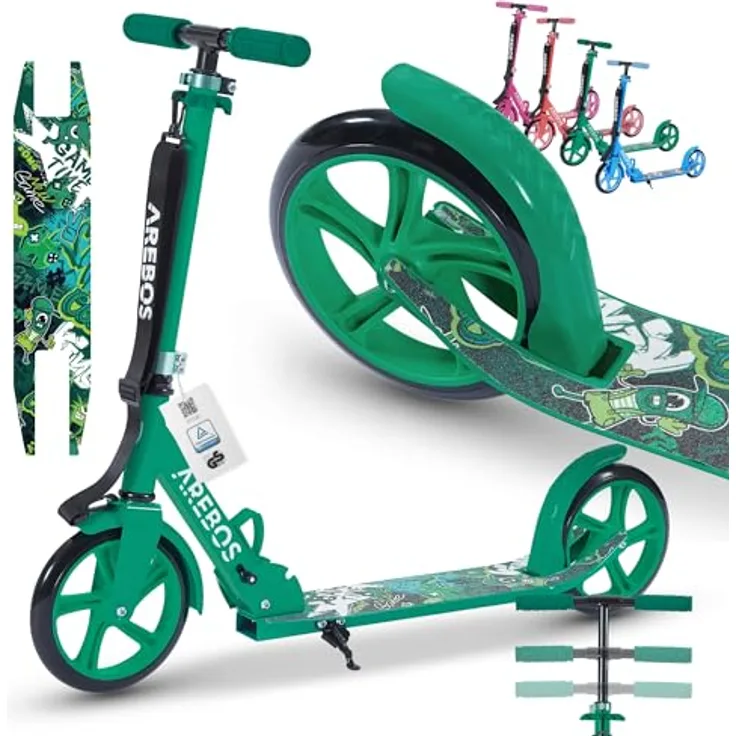 Arebos Tretroller klappbar, höhenverstellbar 78–93 cm, max. 100 kg, grün, geeignet für Kinder ab 6 Jahren, ideal für Schule und Freizeit