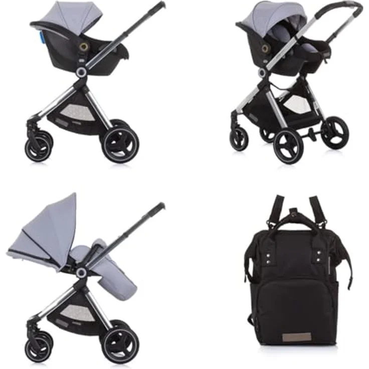 Chipolino Elite 3 in 1 Kinderwagen, verstellbarer Kinderwagen mit i-Size Autositz und gefederten Rädern, grau – Bild 3