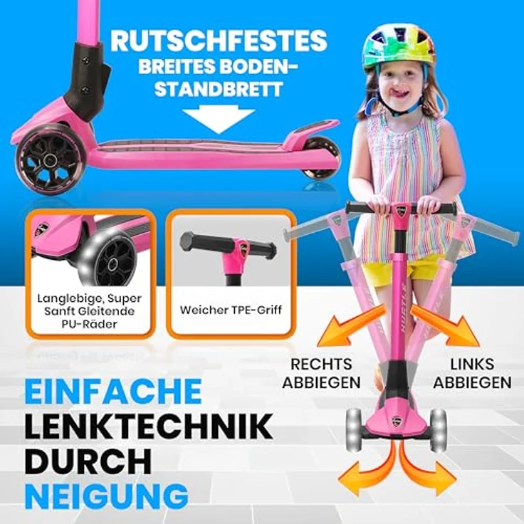Hurtle Faltbarer Kinderroller, 3-Rad Scooter mit höhenverstellbarem Lenker, LED-Rädern und rutschfester Trittfläche, aus Aluminium, für Kinder ab 3 Jahren bis 50kg – Bild 4