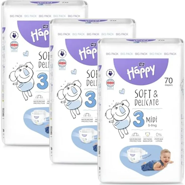 BELLA Baby Happy Soft&Delicate Size 3 Midi Einwegwindeln, für 5-9 kg, 70 St., schnelle Absorption, atmungsaktiv, dermatologisch getestet